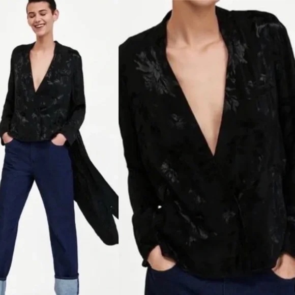 ZARA Basic Black Floral Jacquard Hi-Lo Duster Jacket – Women’s Size S - Picture 3 of 3